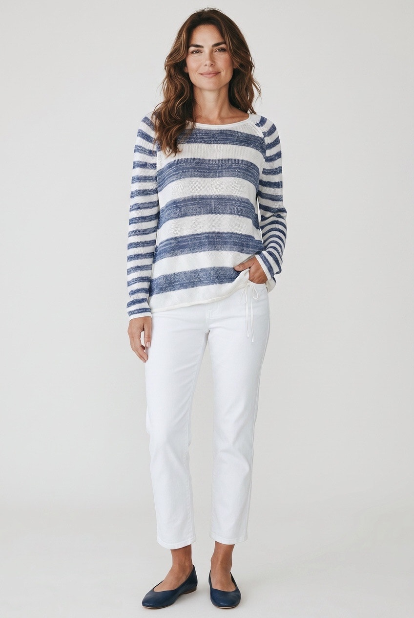 Loft Striped Knit Sweater Size L White Blue Boat Neck Pullover Coastal Chic